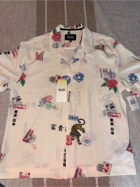 Malibu Cream Short-Sleeve Button-Down Shirt with Floral & Travel Prints